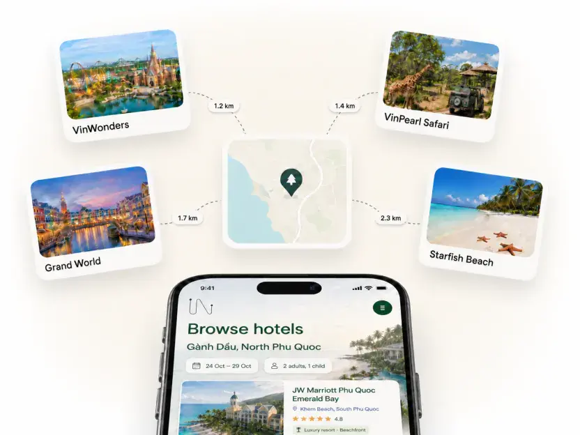 A hotel search anchored to a map pin, with nearby attractions and their distances fanned around it