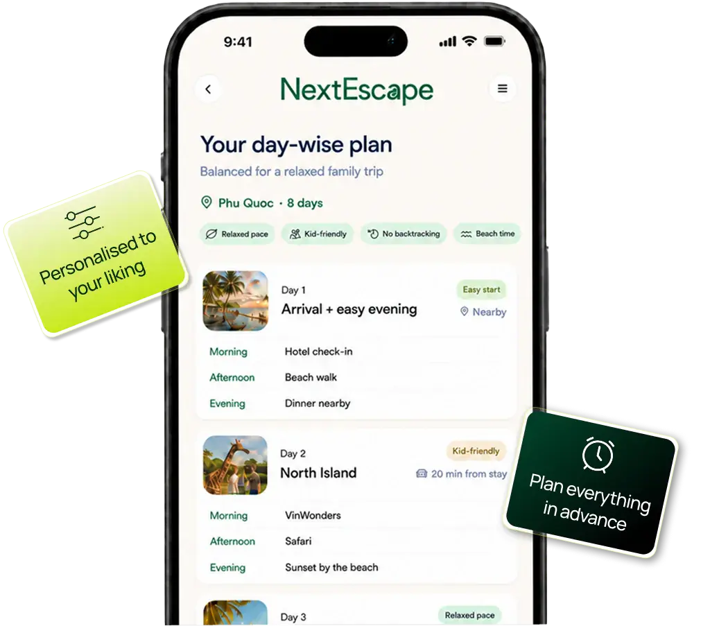 NextEscape's day-by-day plan, balanced for a relaxed family trip and fully editable